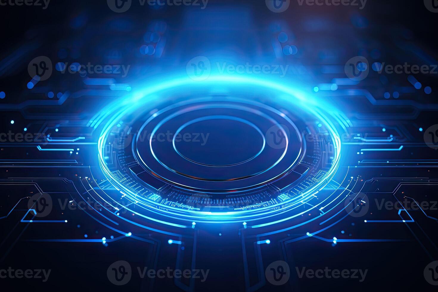 AI generated Futuristic Blue Neon Light Circle on Digital Technology Background photo