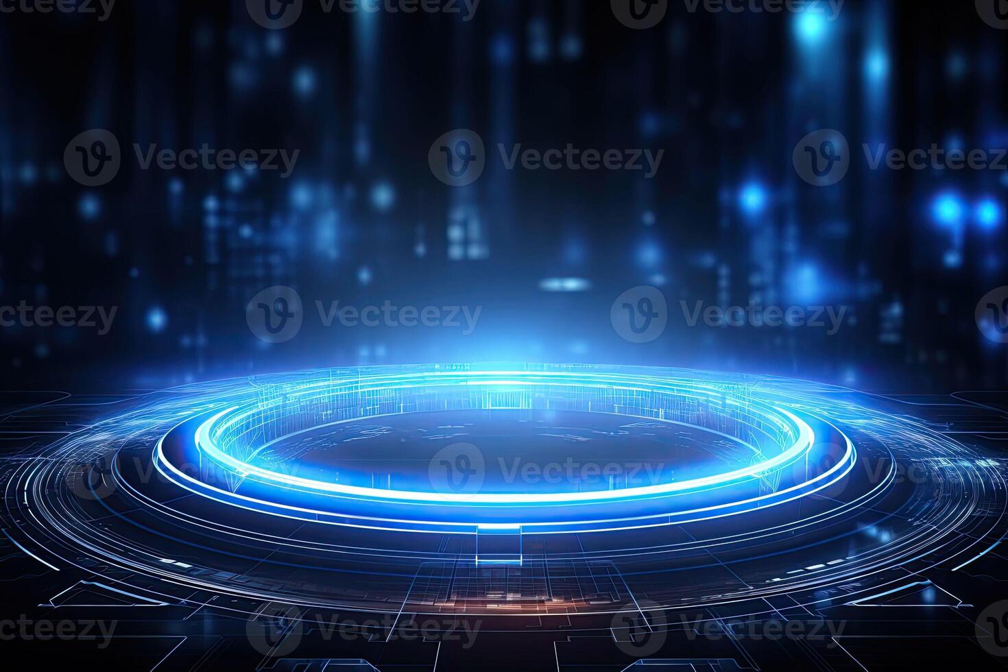 AI generated Futuristic Blue Holographic Interface in a Cybernetic Cityscape photo