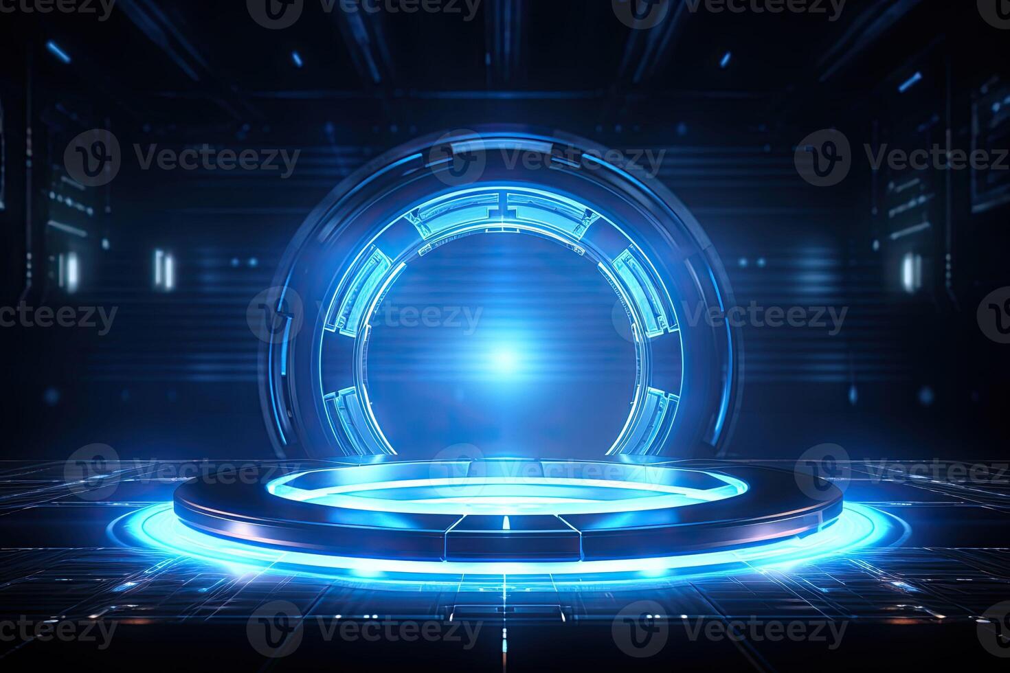 AI generated Futuristic Blue Holographic Interface in a Cybernetic Cityscape photo