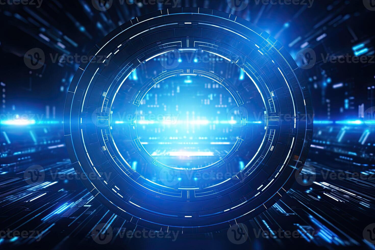 AI generated Futuristic Blue Holographic Interface in a Cybernetic Cityscape photo