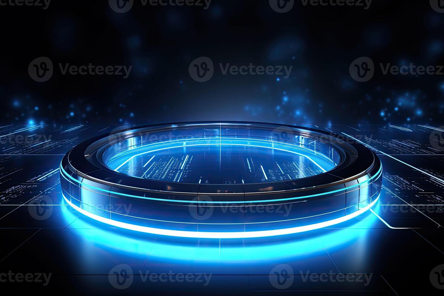 AI generated Futuristic Blue Holographic Interface in a Cybernetic Cityscape photo