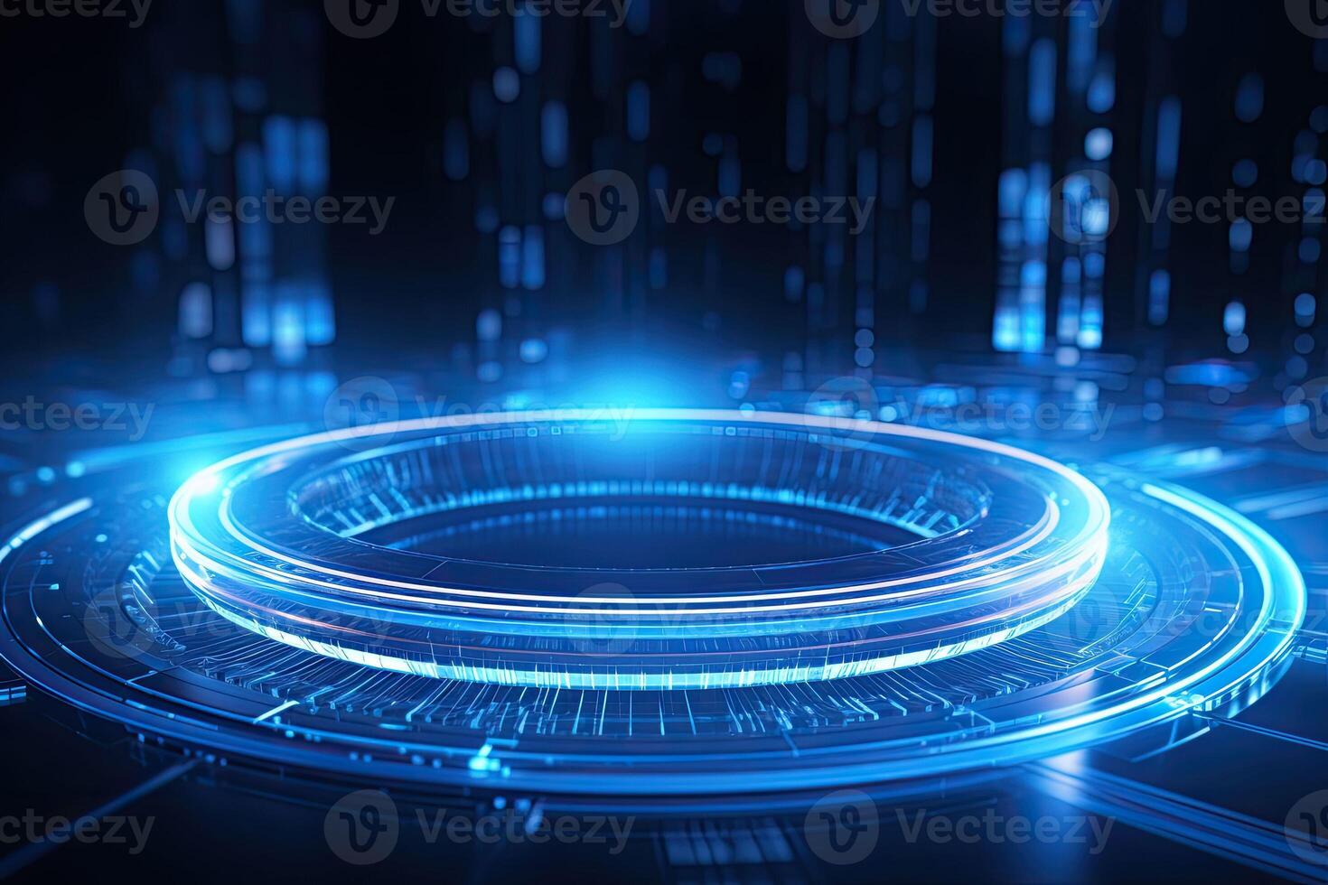 AI generated Futuristic Blue Holographic Interface in a Cybernetic Cityscape photo