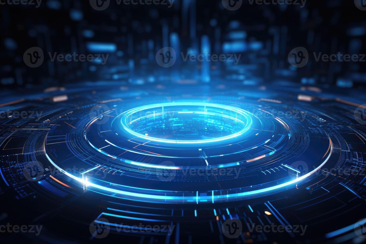 AI generated Futuristic Blue Holographic Interface in a Cybernetic Cityscape photo