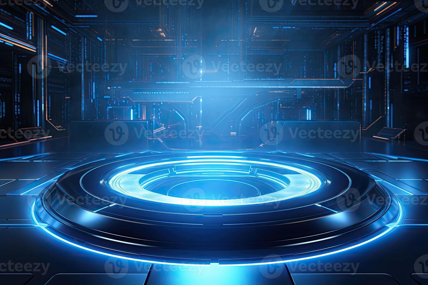 AI generated Futuristic Blue Neon Light Circle on Digital Technology Background photo