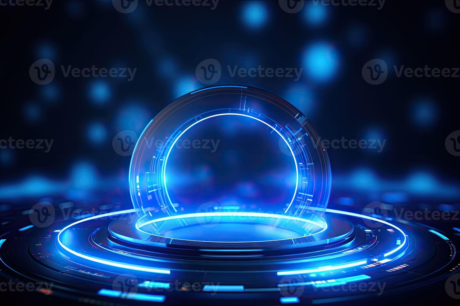 AI generated Futuristic Blue Holographic Interface in a Cybernetic Cityscape photo
