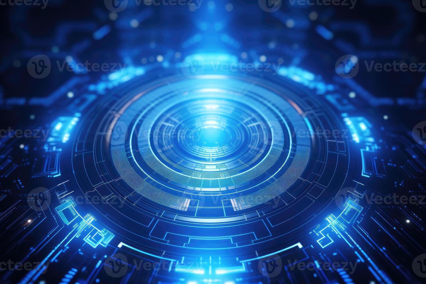 AI generated Futuristic Blue Neon Light Circle on Digital Technology Background photo