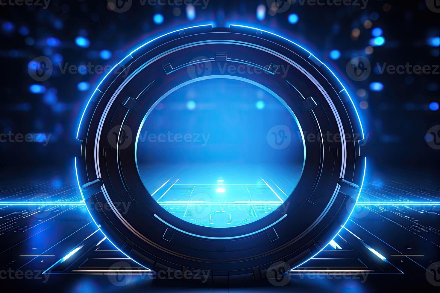 AI generated Futuristic Blue Neon Light Circle on Digital Technology Background photo