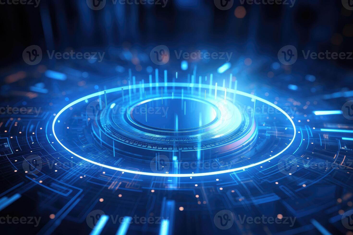 AI generated Futuristic Blue Neon Light Circle on Digital Technology Background photo
