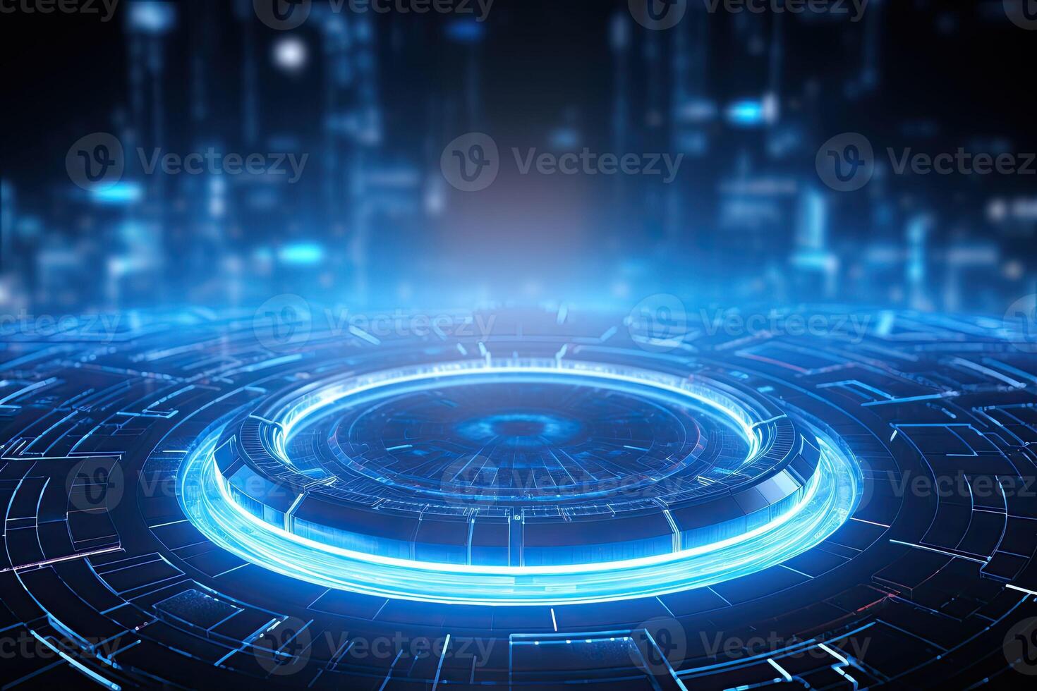 AI generated Futuristic Blue Neon Light Circle on Digital Technology Background photo