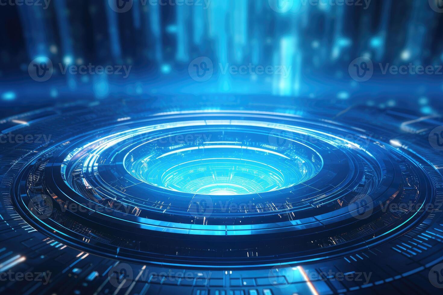 AI generated Futuristic Blue Holographic Interface in a Cybernetic Cityscape photo