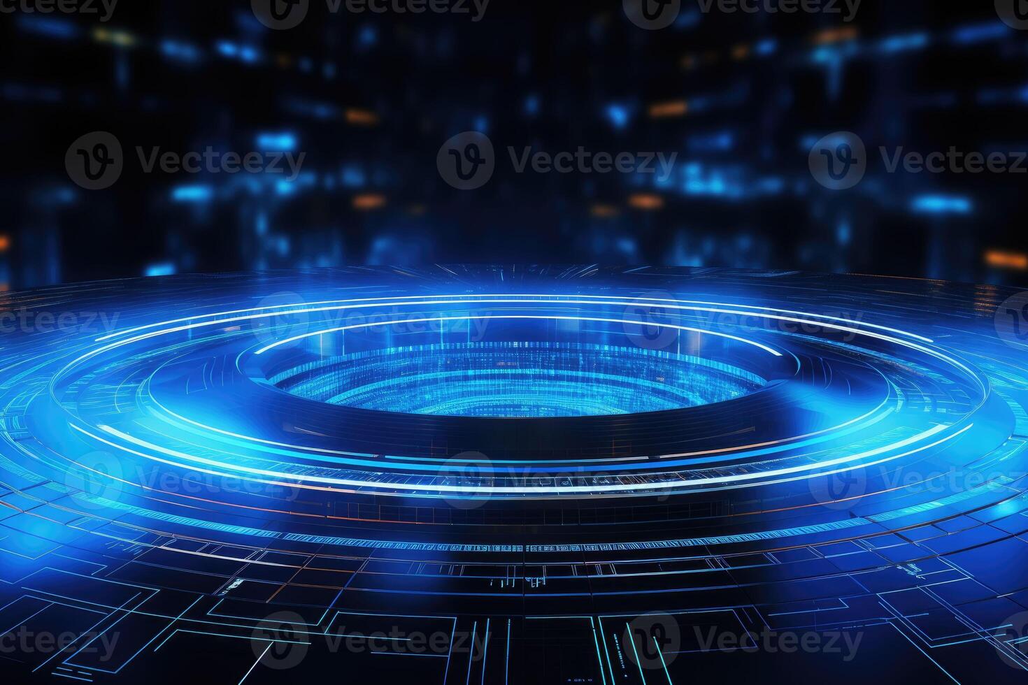 AI generated Futuristic Blue Holographic Interface in a Cybernetic Cityscape photo