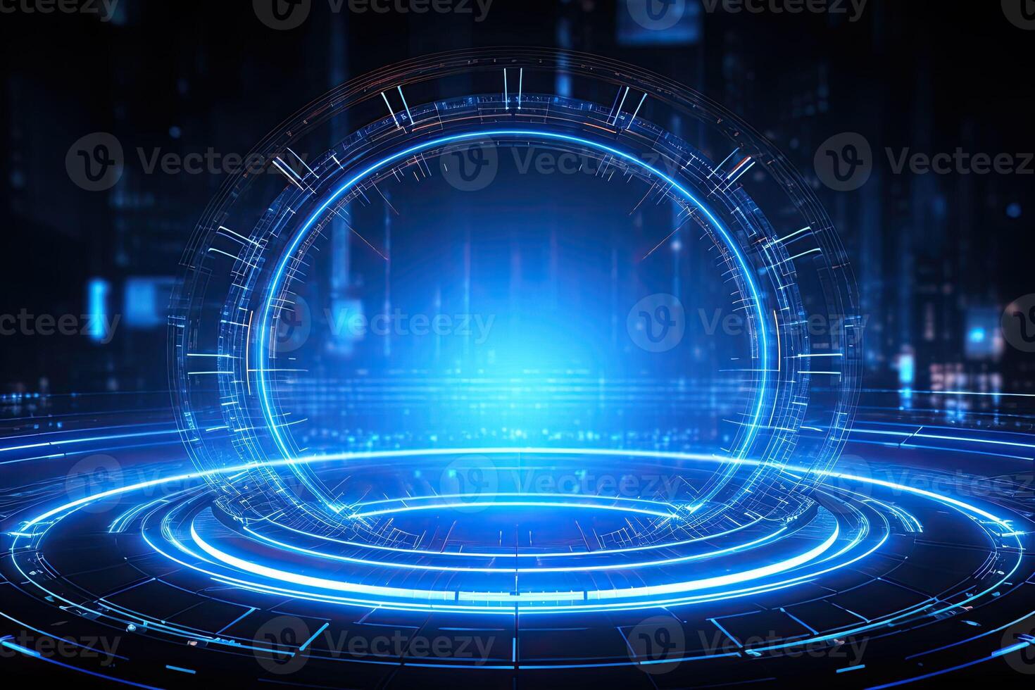 AI generated Futuristic Blue Neon Light Circle on Digital Technology Background photo