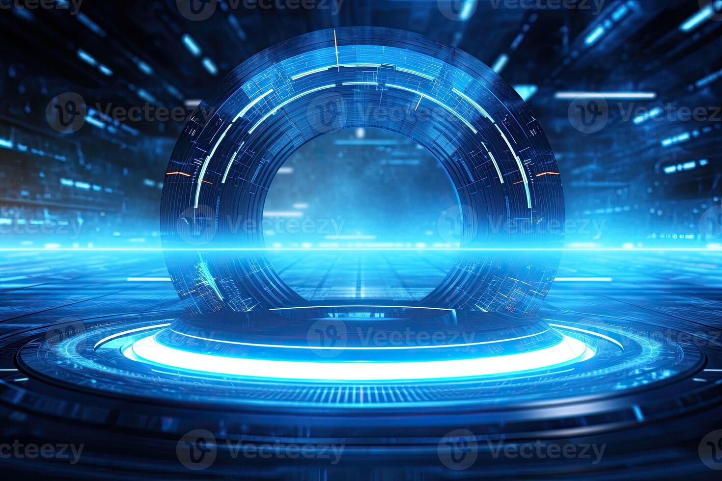 AI generated Futuristic Blue Holographic Interface in a Cybernetic Cityscape photo