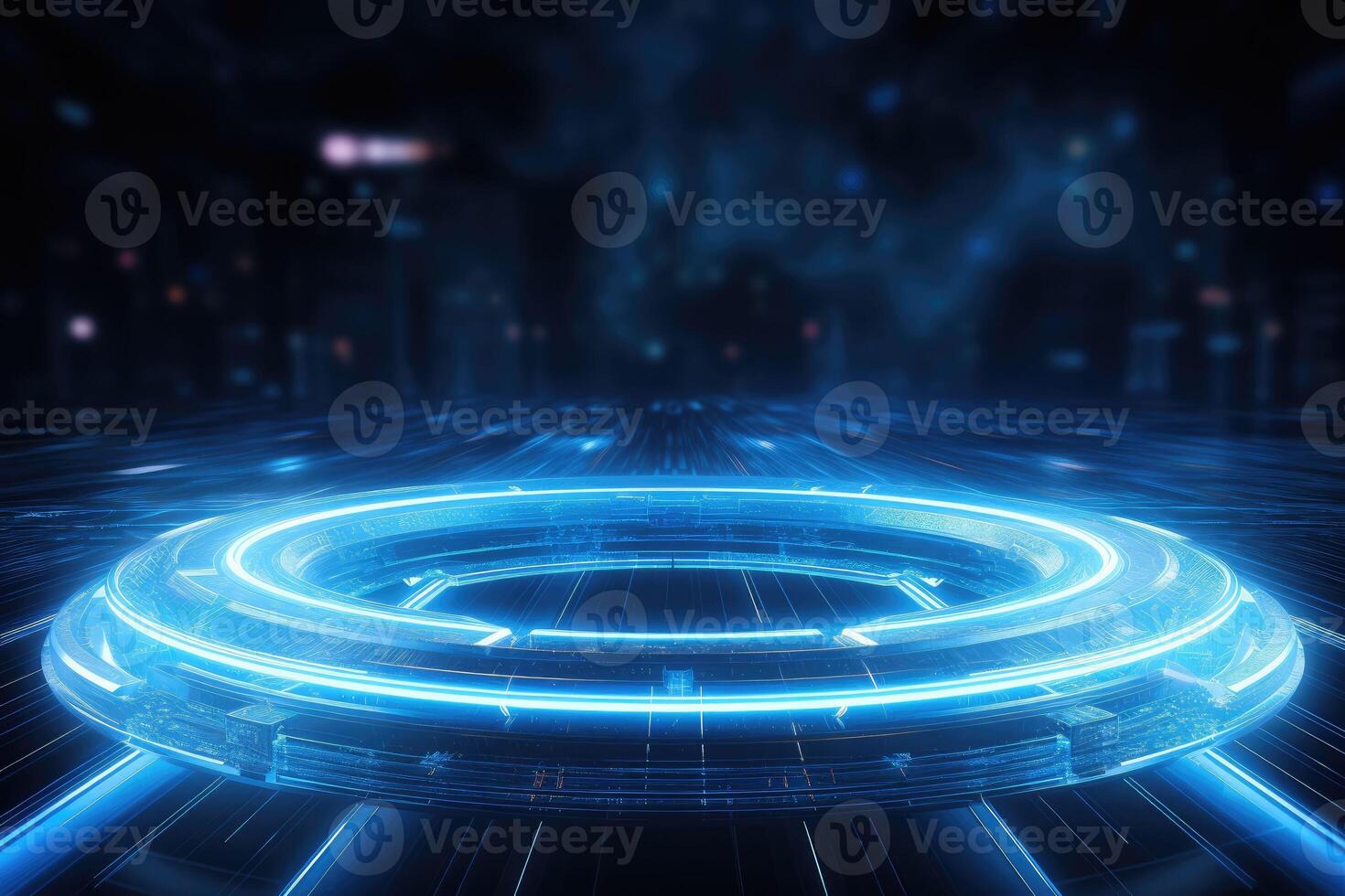 AI generated Futuristic Blue Neon Light Circle on Digital Technology Background photo