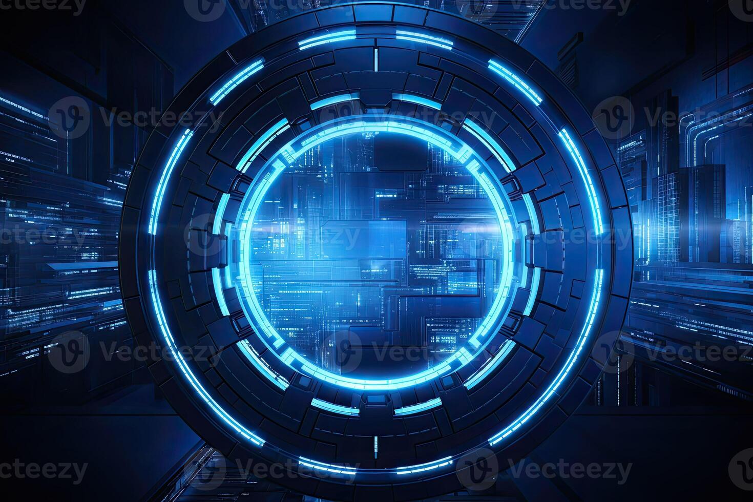 AI generated Futuristic Blue Neon Light Circle on Digital Technology Background photo