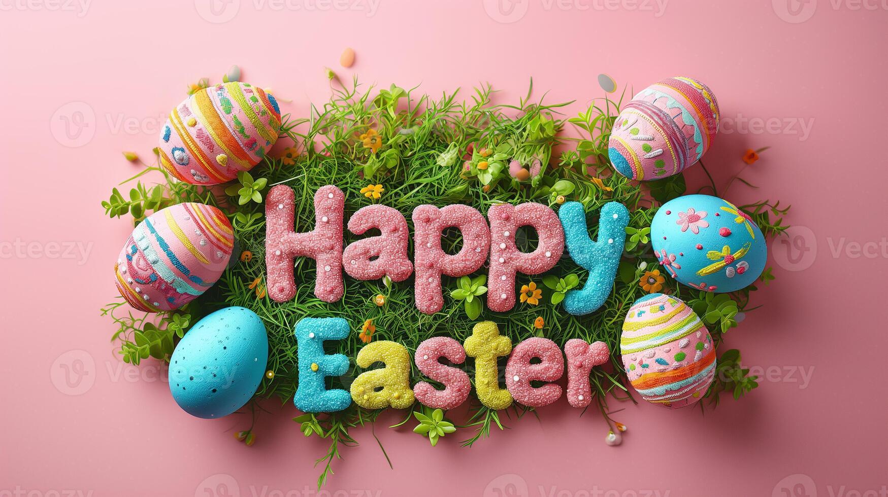 AI generated Happy Easter Greeting Amidst Colorful Eggs photo