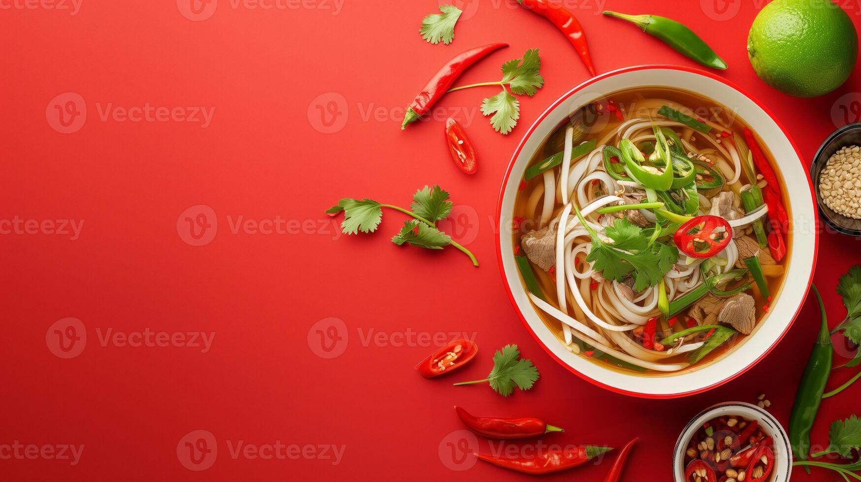 AI generated Colorful Pho Bowl Aerial on Red photo