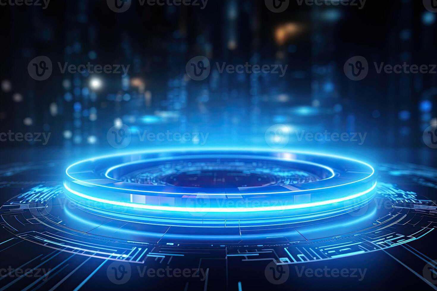 AI generated Futuristic Blue Holographic Interface in a Cybernetic Cityscape photo