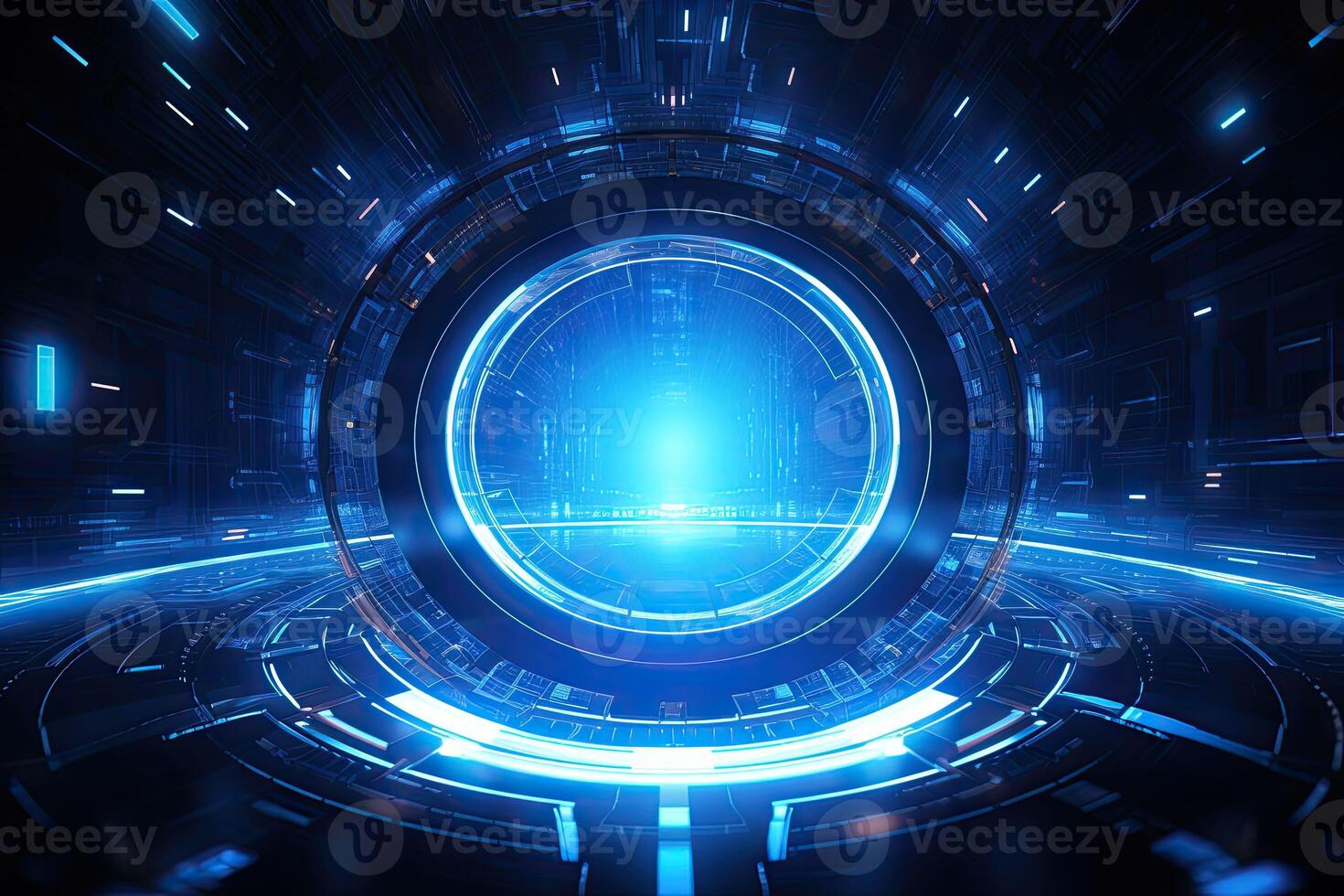 AI generated Futuristic Blue Holographic Interface in a Cybernetic Cityscape photo