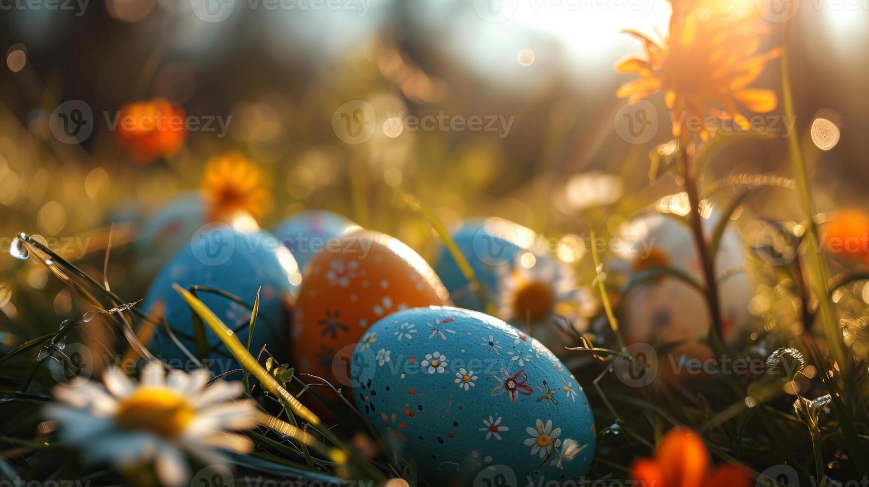 AI generated Sunlit Easter Eggs in Vibrant Grass photo