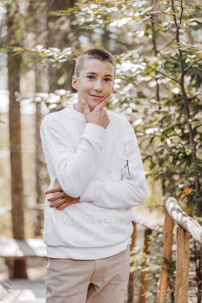 Close-up vertical portrait of a teenager in a white sweater and brown pants. Happy smiling teenager in summer park in sunlight. A beautiful child is looking at the camera in the clearing. photo