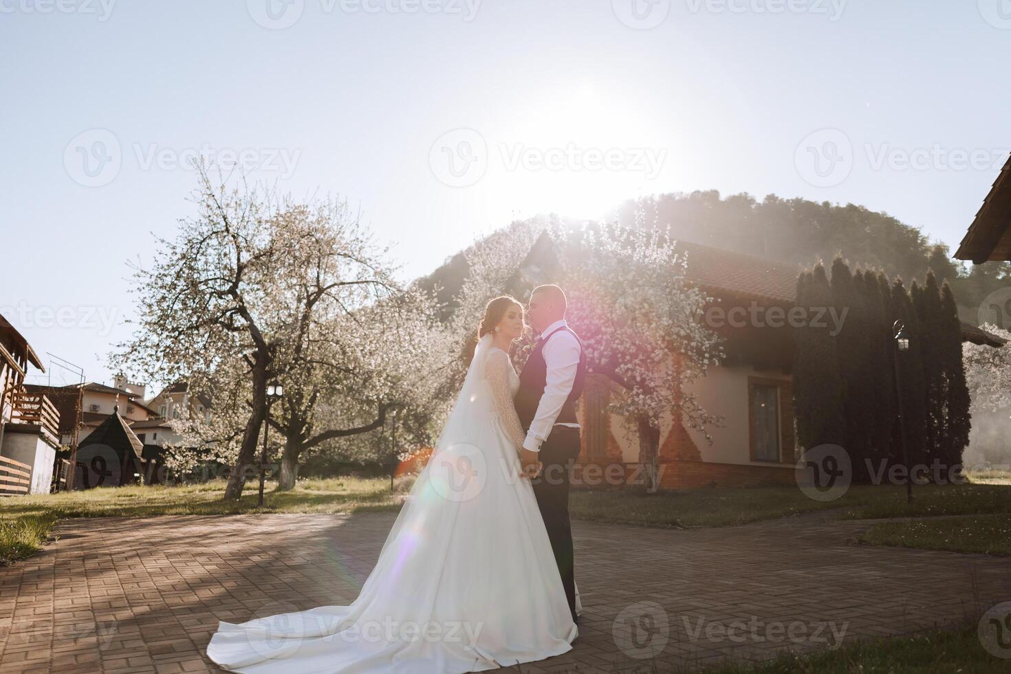 boda. amor y Pareja en jardín para boda. celebracion de ceremonia y compromiso. salvar el fecha. confianza. el novio abraza el novia en contra el antecedentes de primavera cierne arboles foto