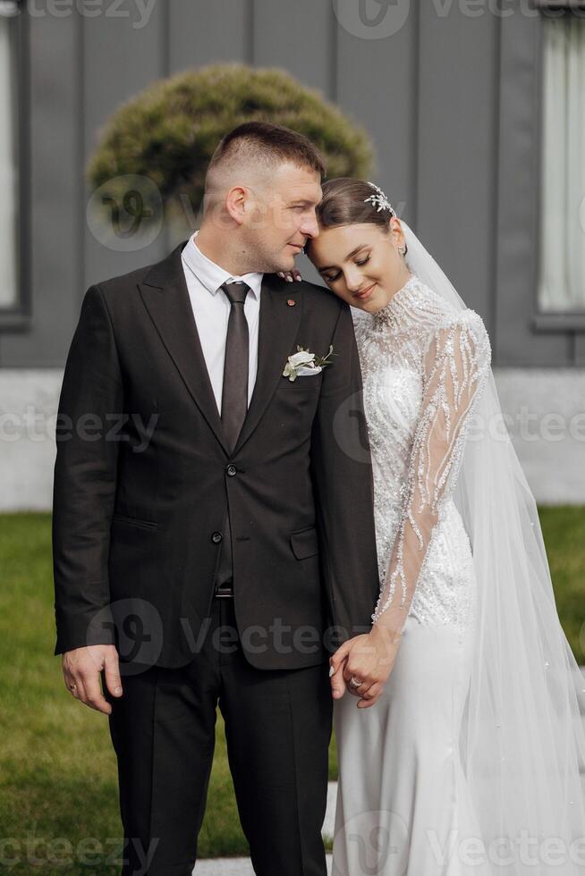 Portrait. The bride in an elegant long dress and the groom are hugging and posing in the yard, standing on a stone path. Wedding in nature photo