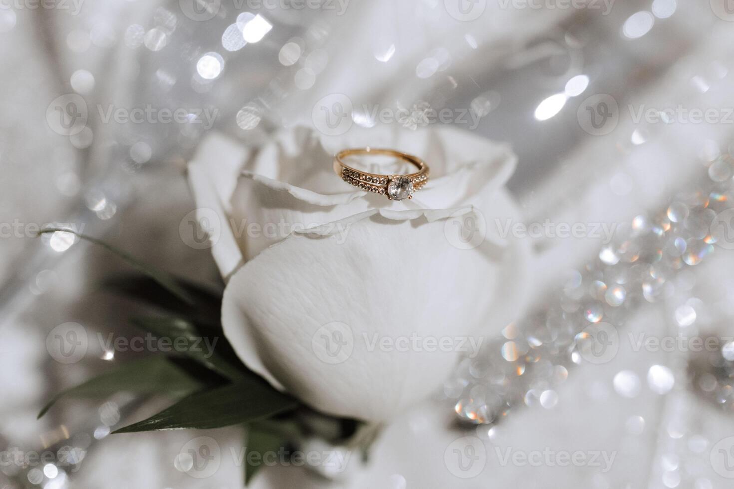 A gold wedding ring with a diamond stands on a white rose. Morning of the bride photo