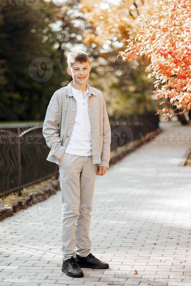 vertical de cerca retrato de un adolescente en casual ropa. contento sonriente adolescente en otoño parque en luz de sol. un hermosa niño mira a el cámara en naturaleza. foto