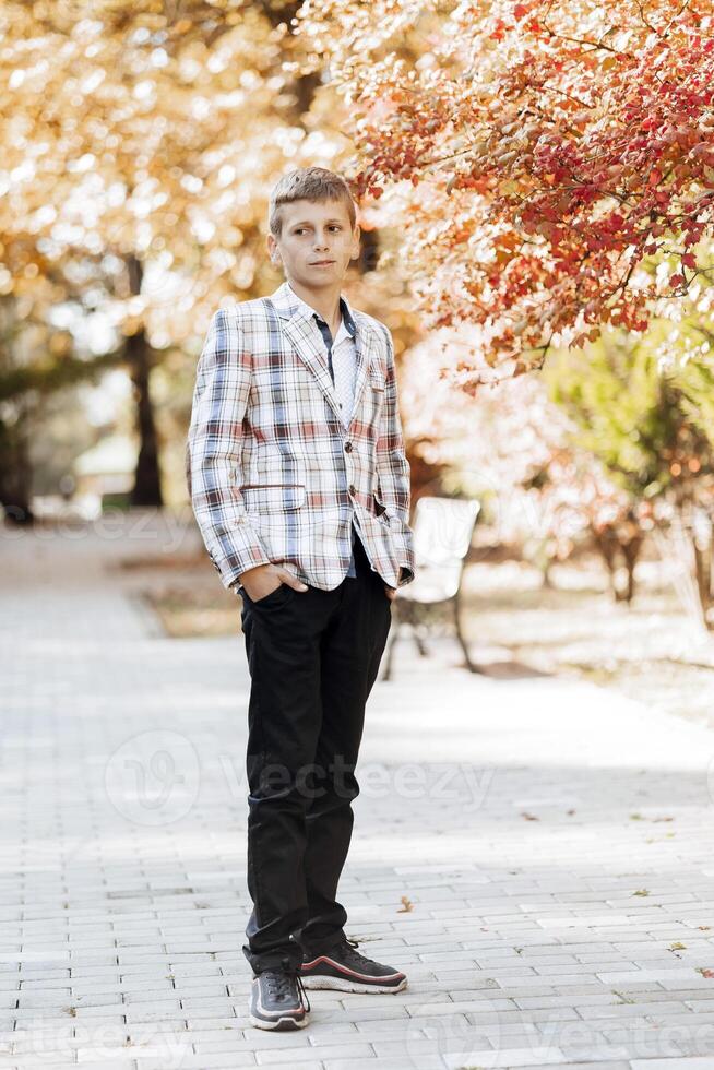 vertical de cerca retrato de un adolescente en casual ropa. contento sonriente adolescente en otoño parque en luz de sol. un hermosa niño mira a el cámara en naturaleza. foto