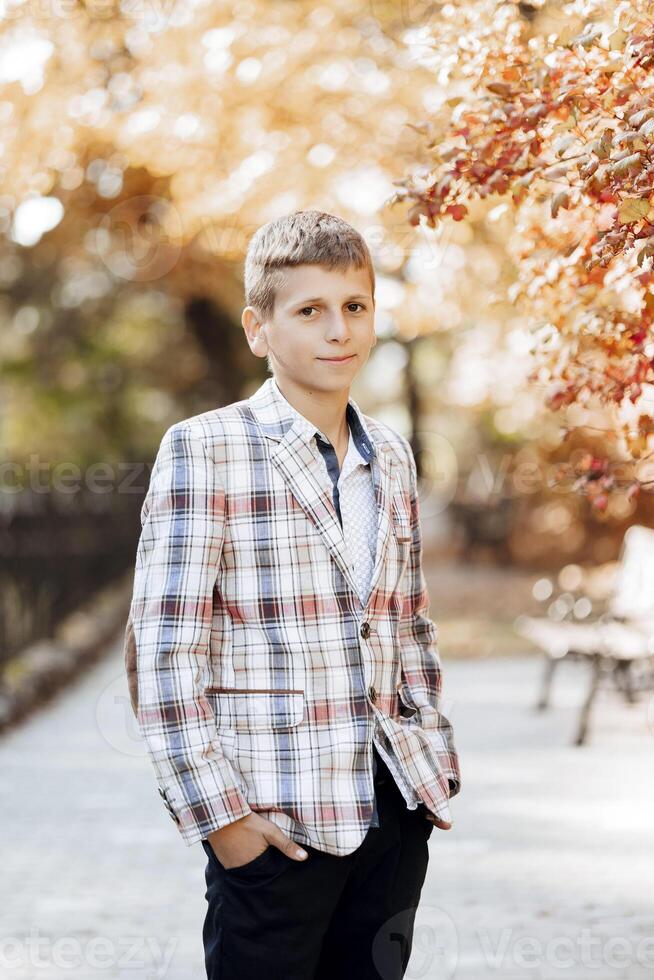 Vertical close-up portrait of a teenager in casual clothes. Happy smiling teenager in autumn park in sunlight. A beautiful child looks at the camera in nature. photo