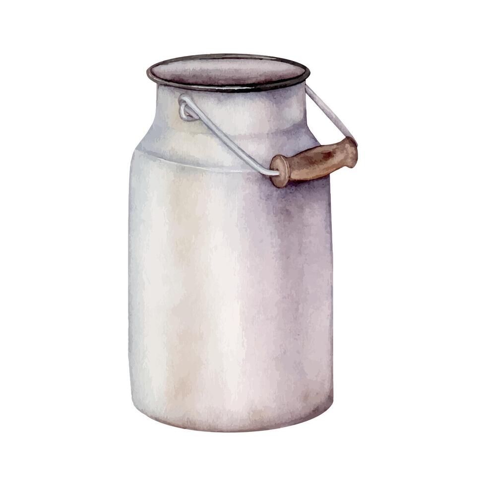 Watercolor illustration metal can for milk. Container painted in watercolor isolated on white background. Farm jug for organic food. hand drawn sketch vintage white aluminum jar. Packaging design. vector