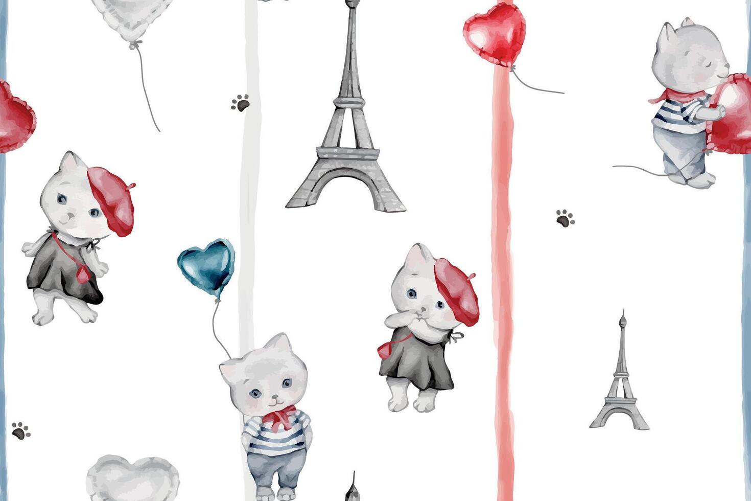 French style animals seamless pattern. Cute cartoon Parisian cat and scottish vector illustration. balloons hearts and Eiffel tower. French style dressed cats with red beret and striped frock.