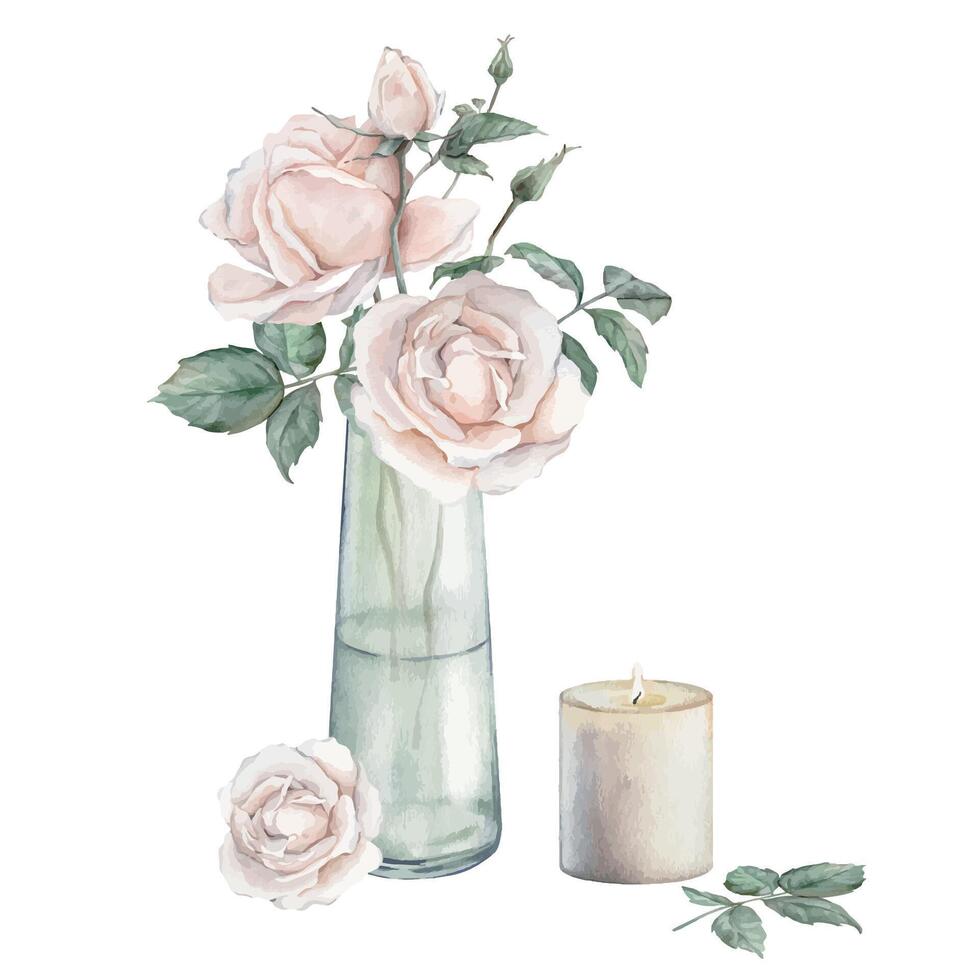 Watercolor composition from peach fuzz color roses and green leaves in glass jar and candle. Hand drawn illustration isolated background. Element painted natural plant twigs with light rose for design vector