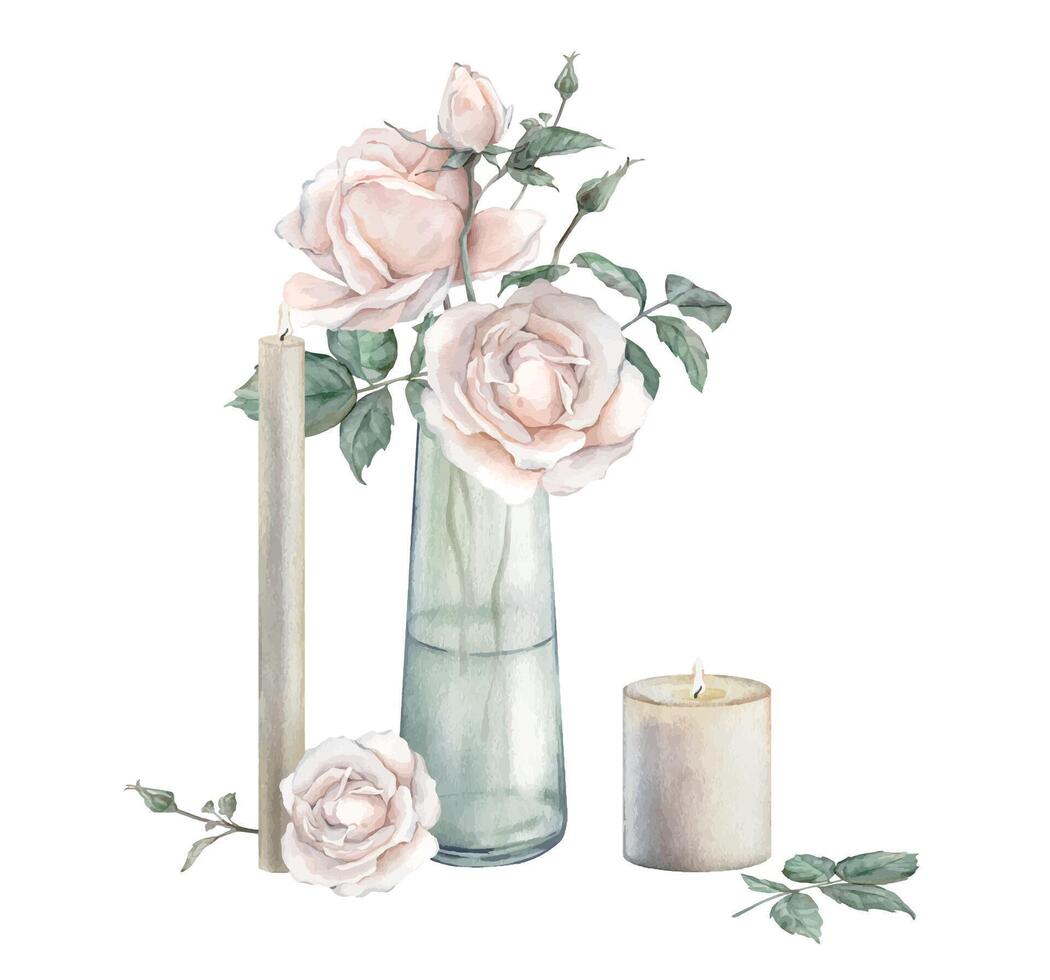 Watercolor composition from peach fuzz color roses and green leaves in glass jar and candle. Hand drawn illustration isolated background. Element painted natural plant twigs with light rose for design vector