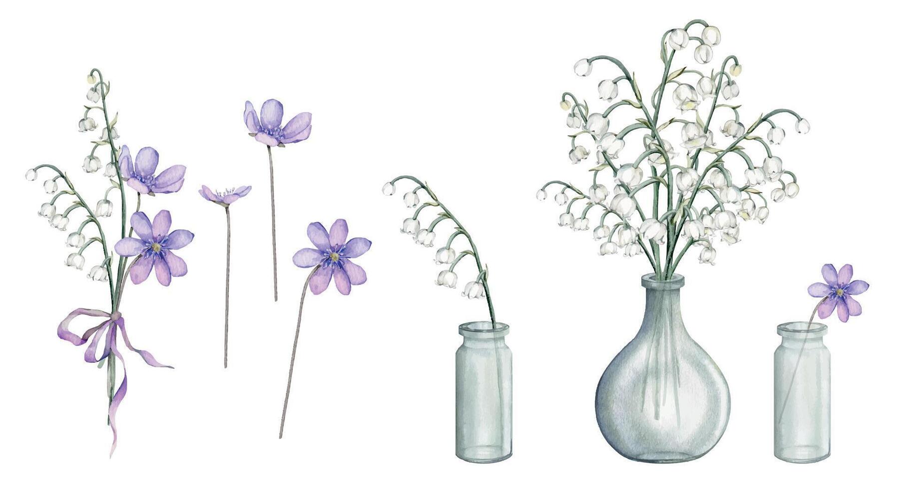 Watercolor flower arrangement with white bouquets of delicate lilies of the valley and delicate lilac Scilla. First spring flowers in glass jar. Primroses the anemones. Design for postcard. vector