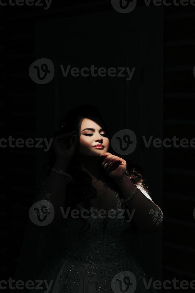 Artistic portrait of the bride in a dark tone. A ray of sunlight falls on the bride and illuminates part of her face photo