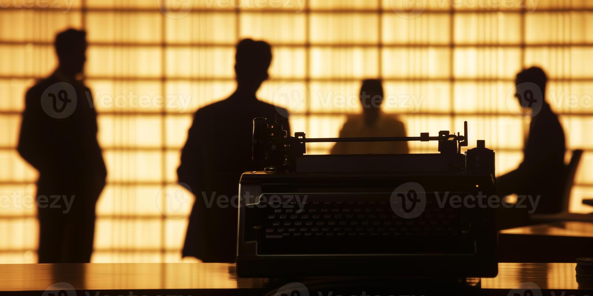 AI generated Vintage Journalism, Business Meeting Silhouettes Typewriter photo