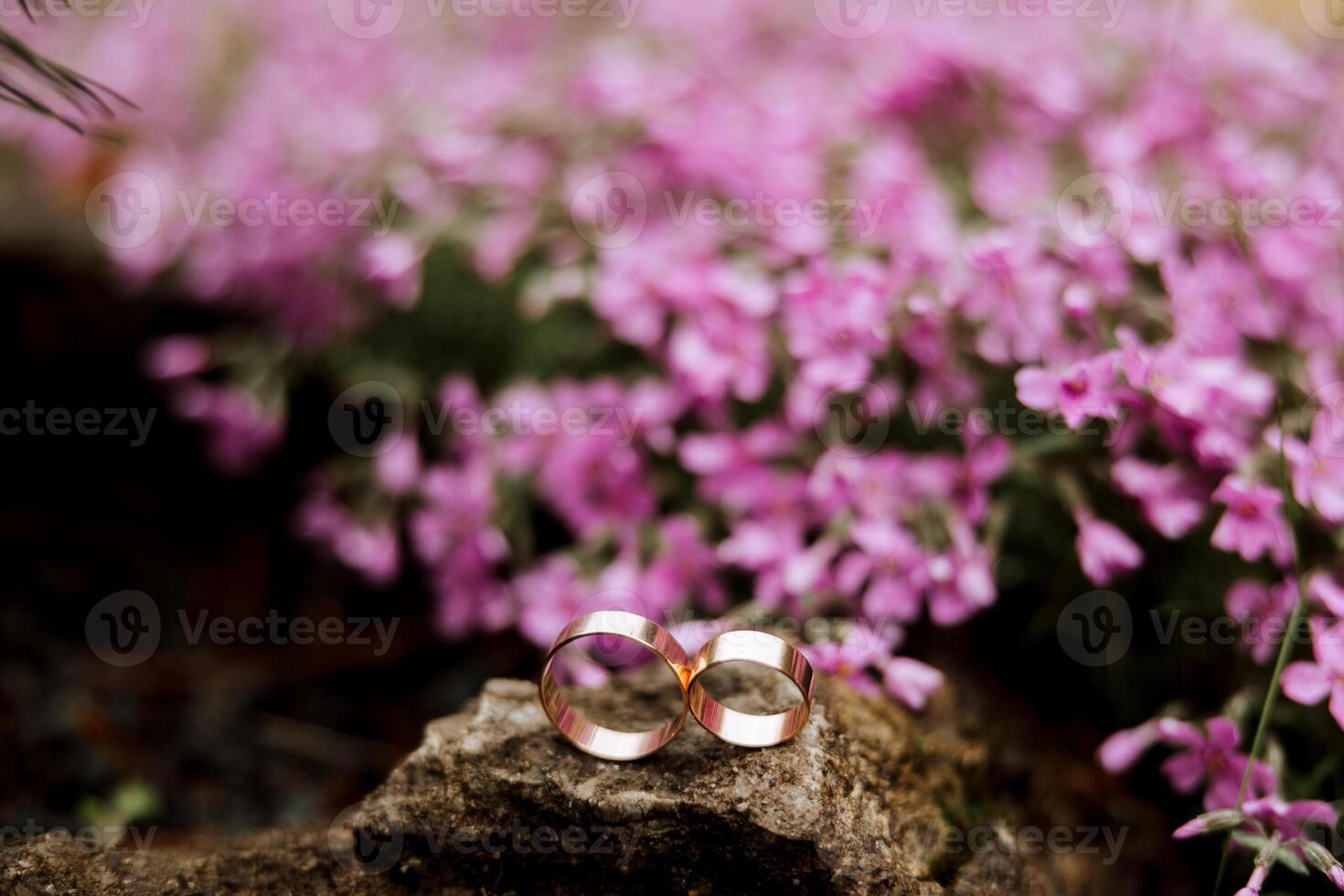 Golden wedding rings on a stone, on a background of pink flowers. Blurred photo, focus on wedding rings. Wedding details photo