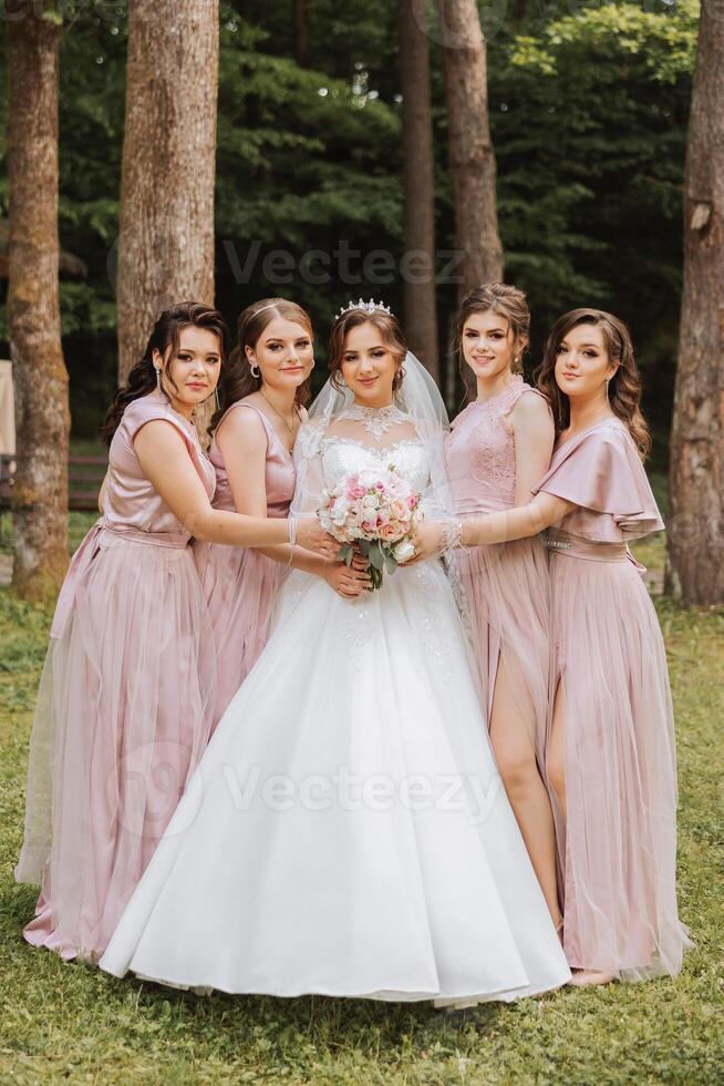 Group portrait of the bride and bridesmaids. Bride in a wedding dress and bridesmaids in pink or powder dresses and holding stylish bouquets on the wedding day. photo