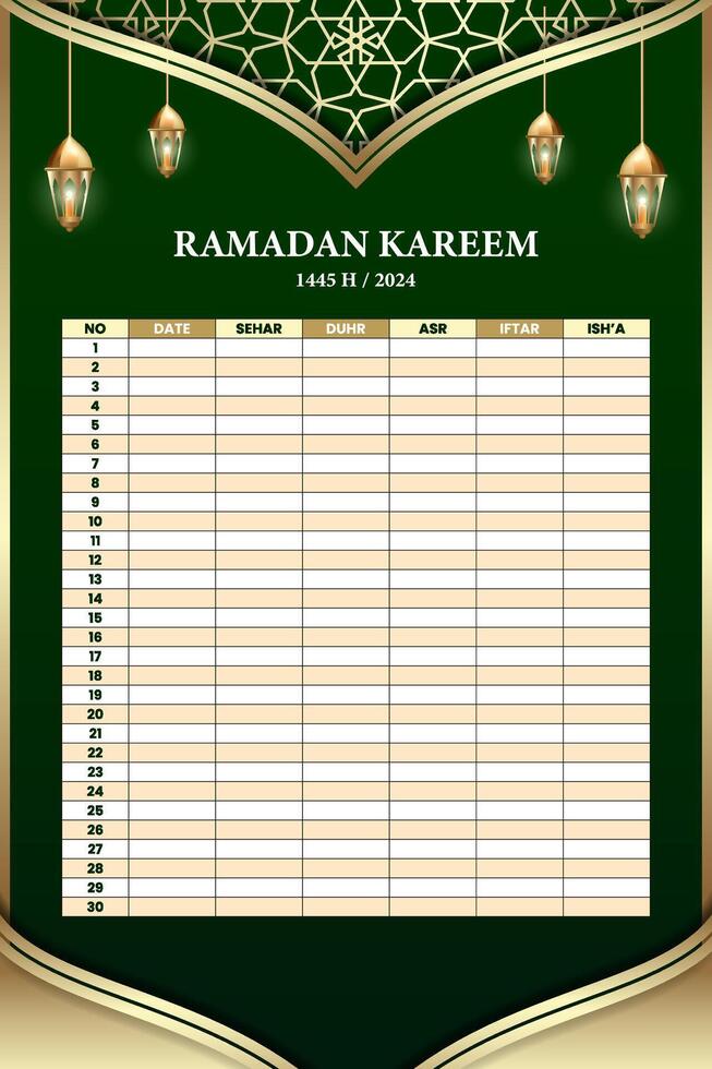 Ramadan holy month calendar schedule. Posters or banners for prayer, fasting and breaking the fast. vector
