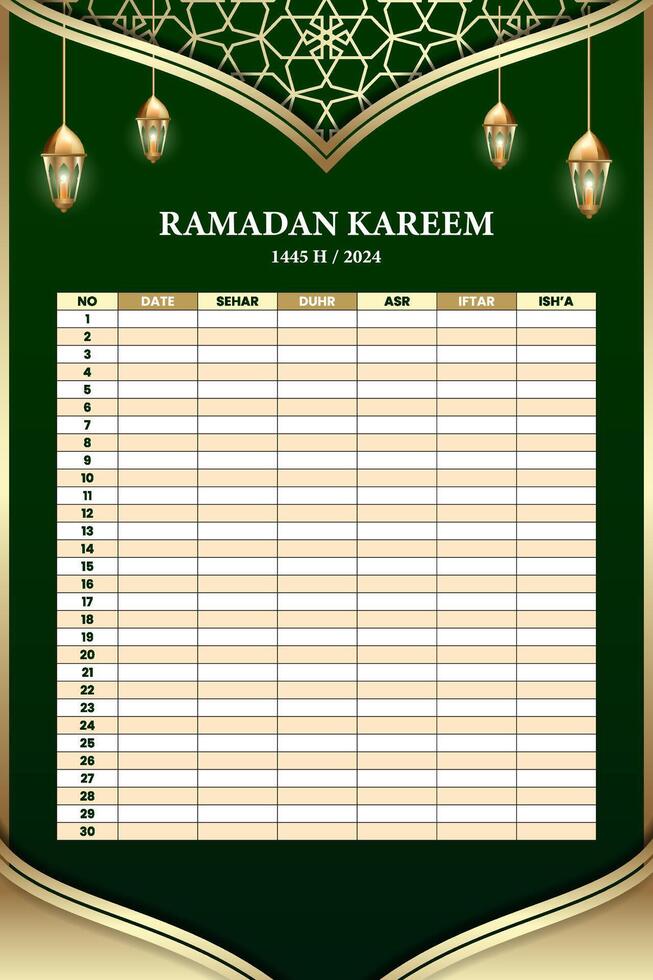 Ramadán santo mes calendario cronograma. carteles o pancartas para oración, rápido y rotura el rápido. vector