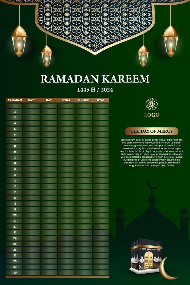 Ramadán santo mes calendario cronograma. carteles o pancartas para oración, rápido y rotura el rápido. vector