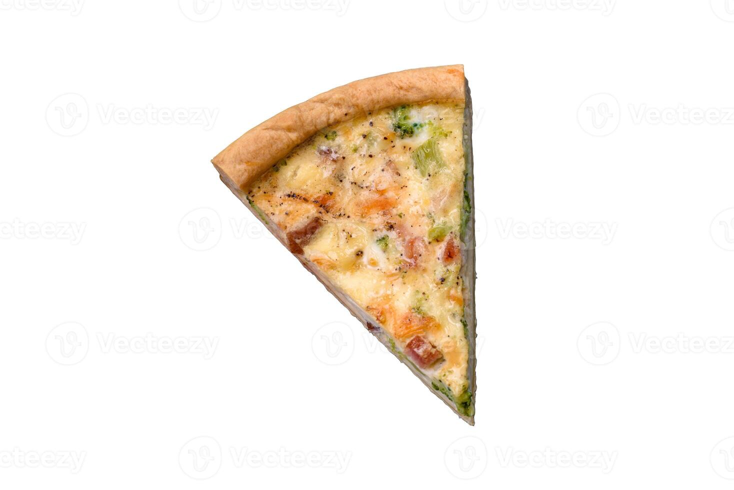 Delicious quiche with broccoli, cheese, chicken, spices and herbs photo