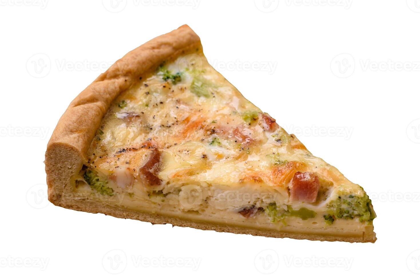 Delicious quiche with broccoli, cheese, chicken, spices and herbs photo