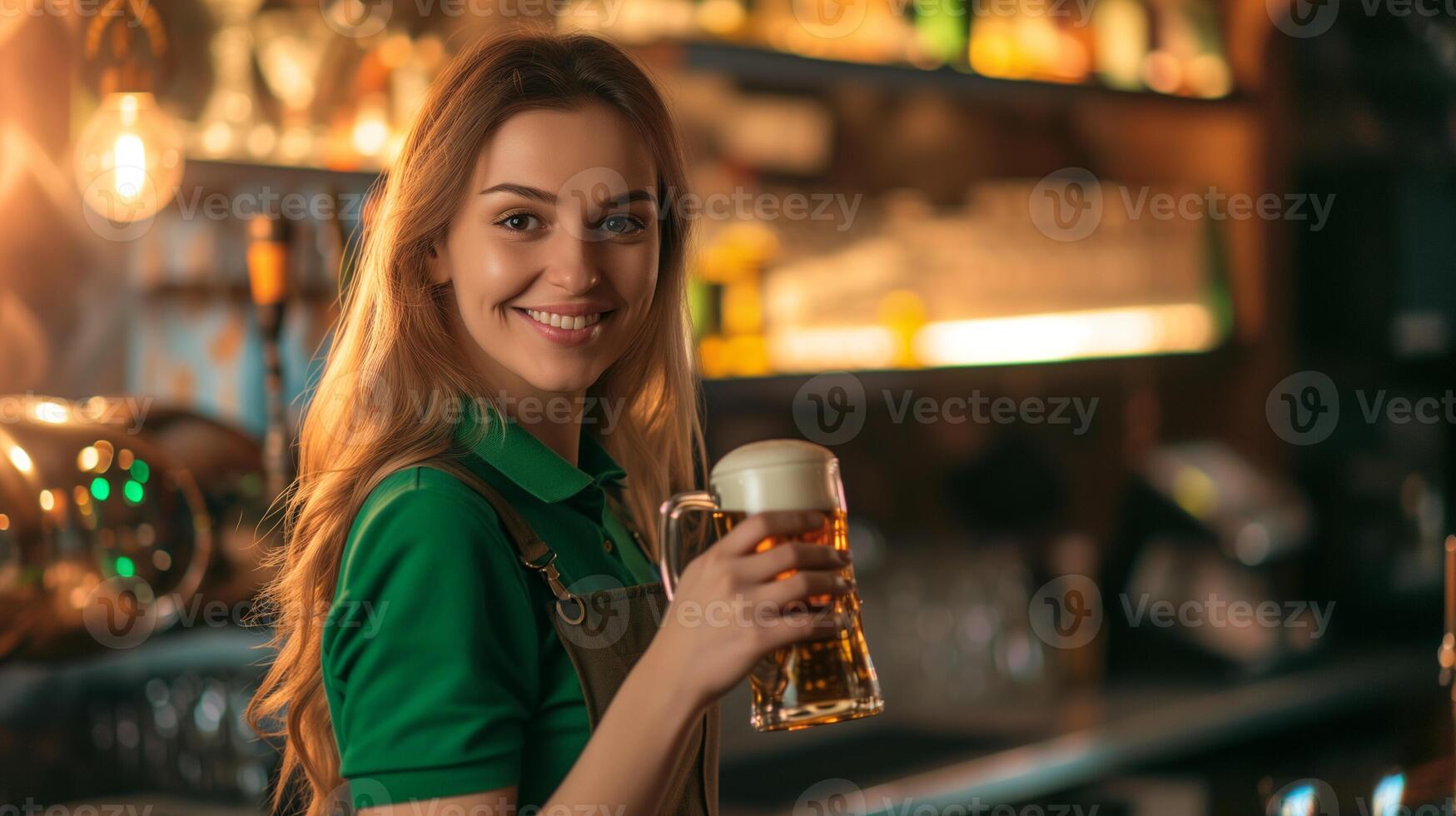 AI generated Cheerful Bartender Serves Beer for St Patricks photo