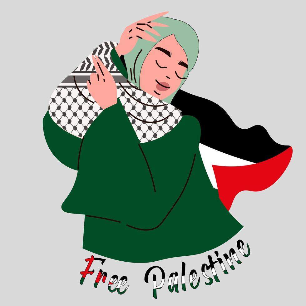 Beautiful palestinian woman dressing kaffeyah scarf and palestine flag with text free palestine. vector
