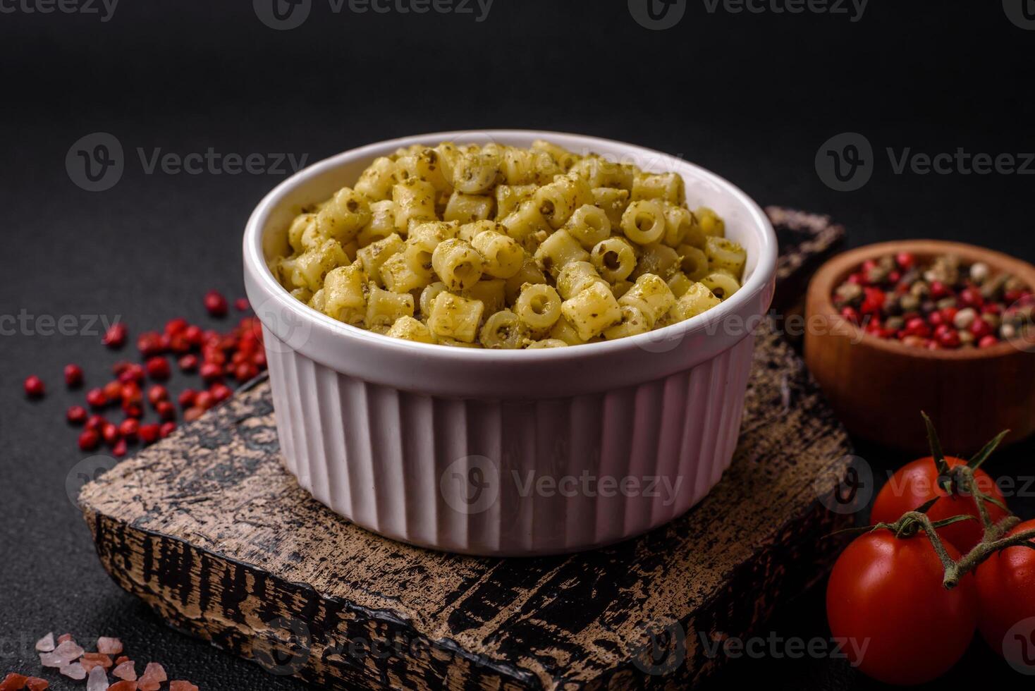 Delicious ditali pasta from durum wheat with salt and spices photo