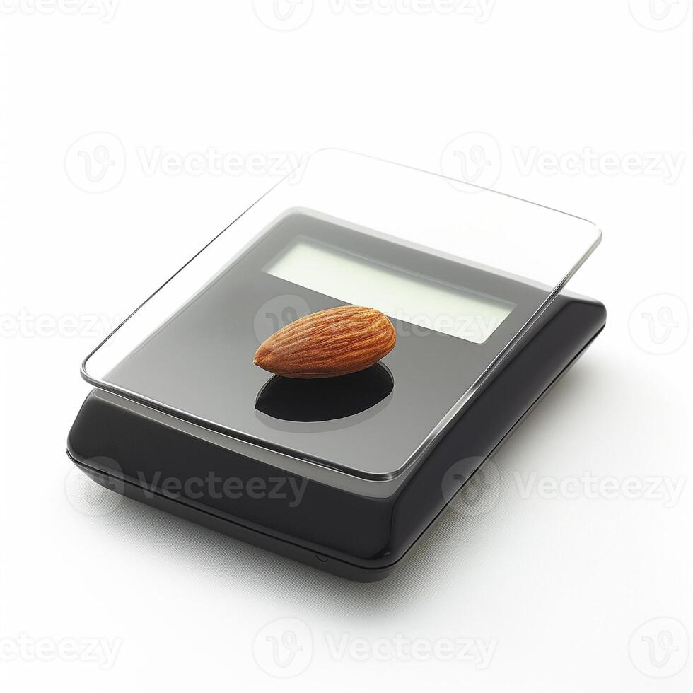ai generado un precisión digital cocina escala con un soltero almendra aislado en un transparente antecedentes foto