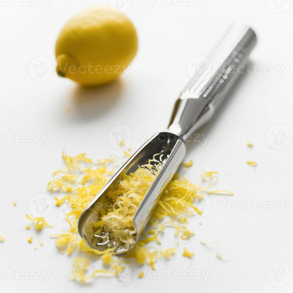 AI generated A polished stainless steel zester with a strip of lemon zest isolated on a transparent background photo